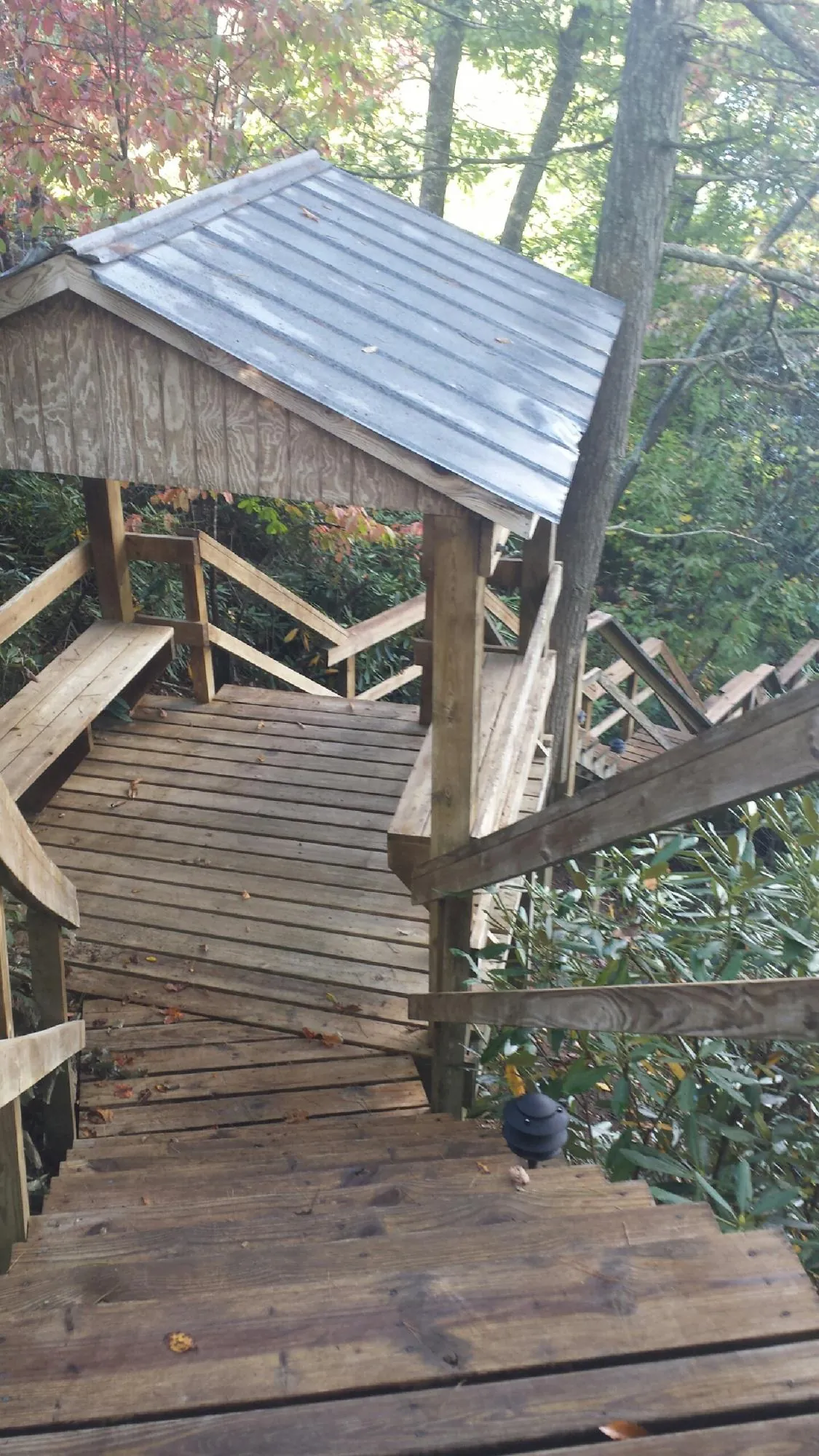 Metal roofed shelter over wooden steps on a wooded walkway — Skylight Repair & Installation work by our crew in Taylor Ridge